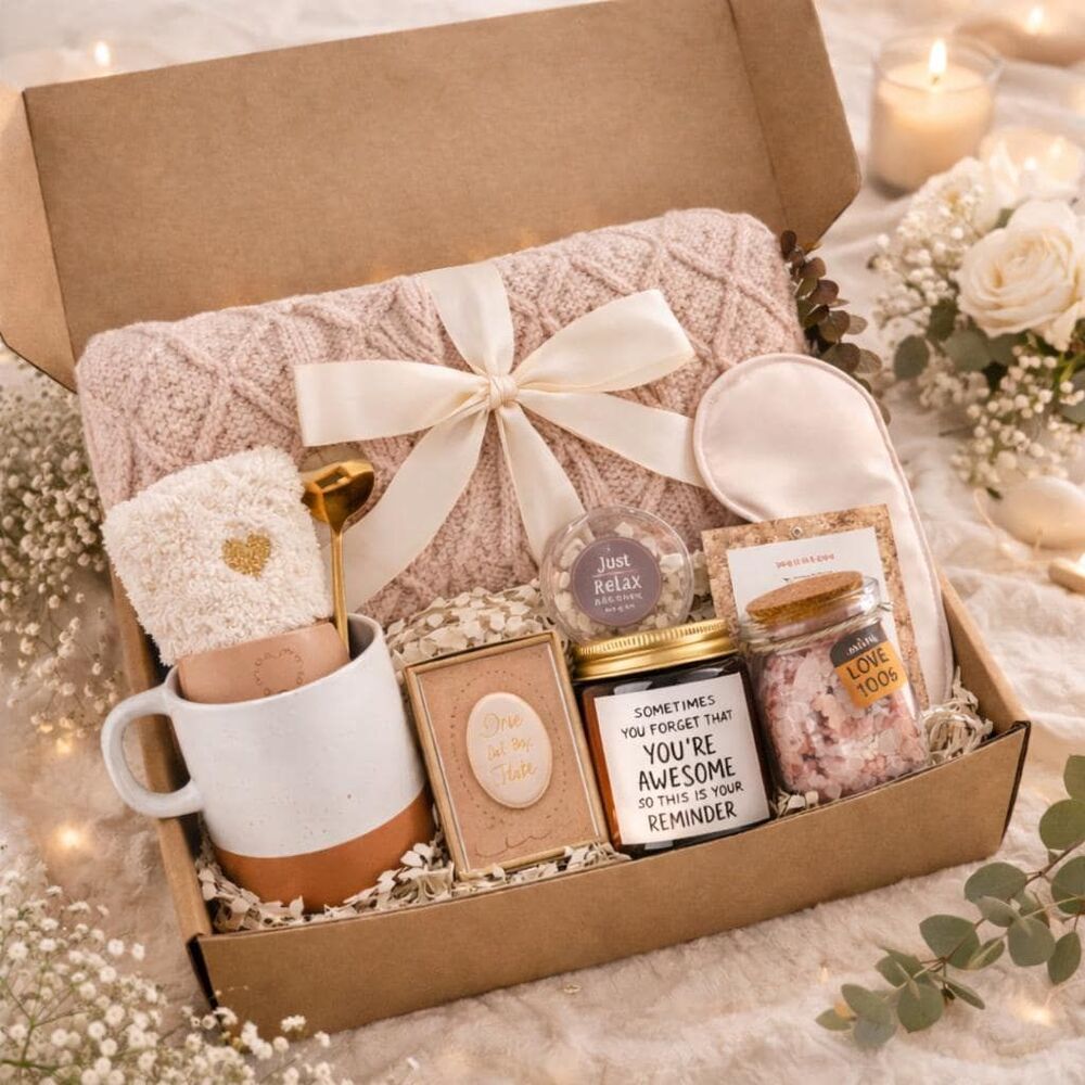 Womens Self Care Gift Box, Cozy Blanket, Mug, Socks, Candle, Bath Set
